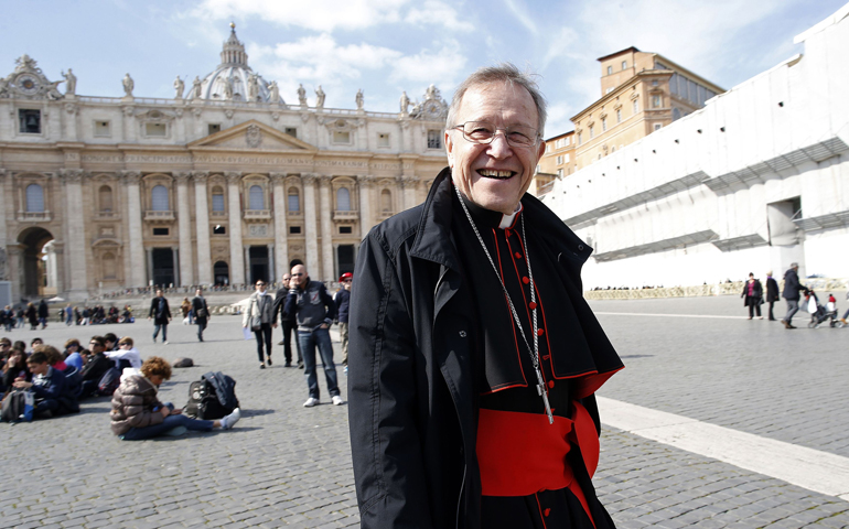 German Cardinal Walter Kasper walks in St. Peters Square on March 8 after the first day the College of Cardinals met to begin the process of electing a new pope. (CNS/Reuters/Tony Gentile)