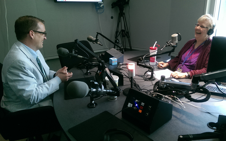 Kevin Eckstrom and Sr. Maureen Fiedler in the "Interfaith Voices" studio