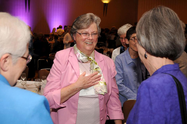 Sr. Janet Mock is all smiles after receiving the Outstanding Leadership Award at the annual assembly of the Leadership Conference of Women Religious at the Hyatt Regency Hotel in Houston,Texas, Friday, Aug. 14, 2015. (GSR photo/Dave Rossman)