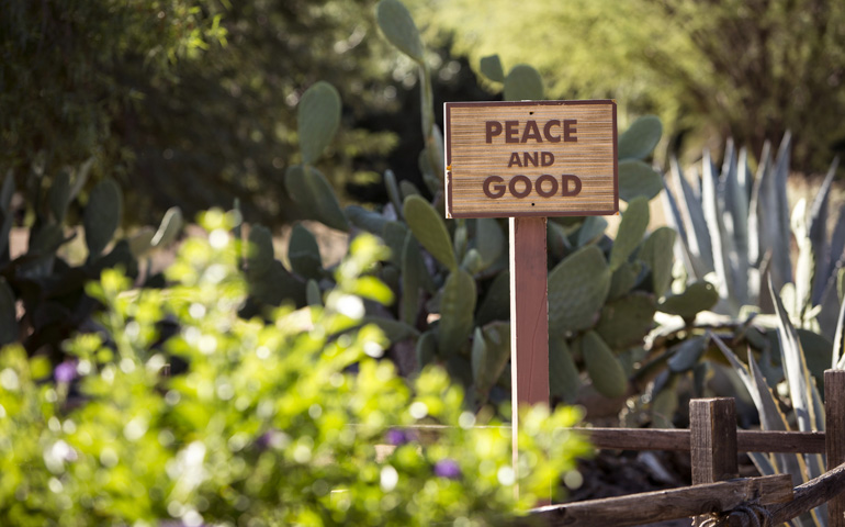 A sign greets visitors to the meditation garden at the Franciscan Renewal Center in Scottsdale, Ariz. (CNS/Nancy Wiechec)