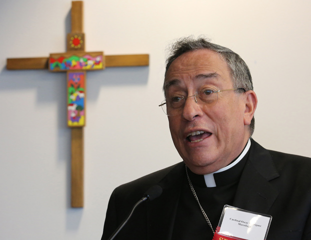 Honduran Cardinal Oscar Rodriguez Maradiaga gives a keynote address during a conference June 3, 2014, at the Bread for the World headquarters in Washington. (CNS/Bob Roller)