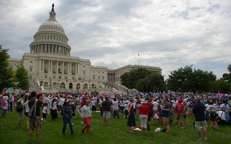 Advocates for marriage between one man and one woman gather outside the U.S. Capitol building Thursday before the March for Marriage, an event organized by the National Organization for Marriage. (NCR photo/Joshua J. McElwee)