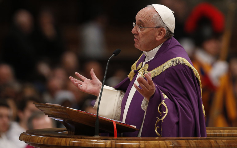 Pope Francis preaches during a Lenten penance service Friday in St. Peter's Basilica at the Vatican. (CNS/Paul Haring)