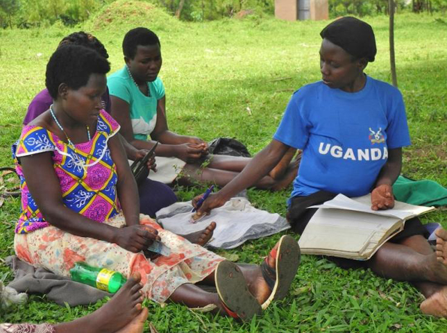 Women gather to collect the week's savings and update the ledger under the mango tree for their saving and internal lending community, or SILC. (Melanie Lidman)