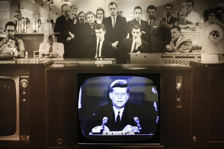 A display shows excerpts of U.S. President John F. Kennedy's Oct. 22, 1962, televised address about the Cuban missile crisis, part of the exhibit "To the Brink: JFK and the Cuban Missile Crisis" at the John F. Kennedy Library in Boston. (CNS/Reuters/Brian Snyder)