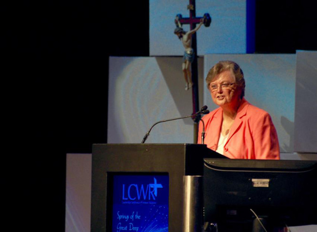 Congregation of St. Joseph Sr. Janet Mock delivers the keynote address at the Leadership Conference of Women Religious annual assembly in Houston Wednesday. (GSR photo/Dan Stockman)