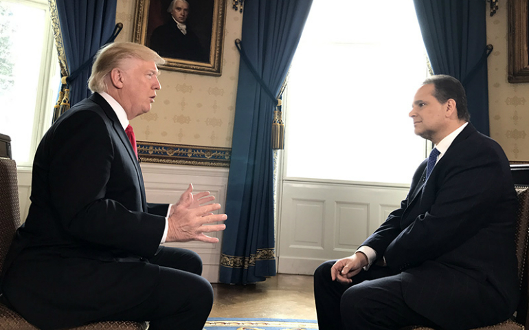 Christian Broadcasting Network chief political correspondent David Brody, right, interviews President Trump at the White House. Photo courtesy of Mark Bautista/CBN News
