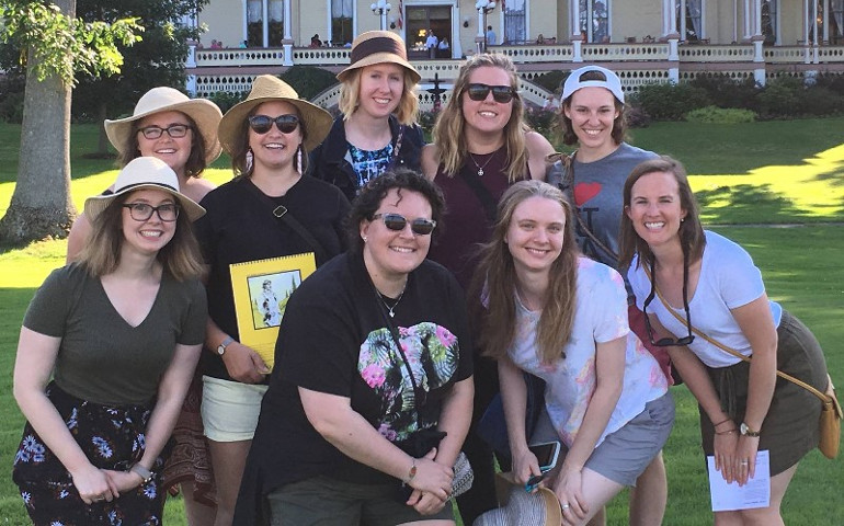 Attendees of the Joan Chittister Institute for Contemporary Spirituality  Pictured are, top row, from left: Allison Connelly, Lisa Cathelyn, Jessie Bazan, Liz Palmer, Breanna Mekuly, and bottom row, from left: Eliza Biddle, Meghan Dandrea, Ellen Jewett, and Teresa Coda (Provided photo)