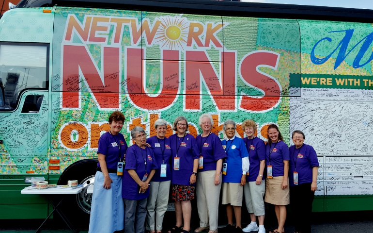 Sisters who participated in the 2016 Nuns on the Bus tour included, from left, Srs. Mary Ellen Lacy, Rochelle Mitchell, Janet Kinney, Simone Campbell, Eileen Reilly, Marian Lacroix, Richelle Friedman, Alison McCrary and Jan Cebula. The tour theme for 2016 was "Mend the Gaps," focused on mending the growing breach between rich and poor. (GSR photo)
