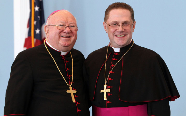 Bishop-designate Andrzej Zglejszewski, right, and Bishop William Murphy of Rockville Centre, N.Y., pose for a photo Feb. 11 during a news conference at St. Agnes Cathedral in Rockville Centre. (CNS/Long Island Catholic/Gregory A. Shemitz)