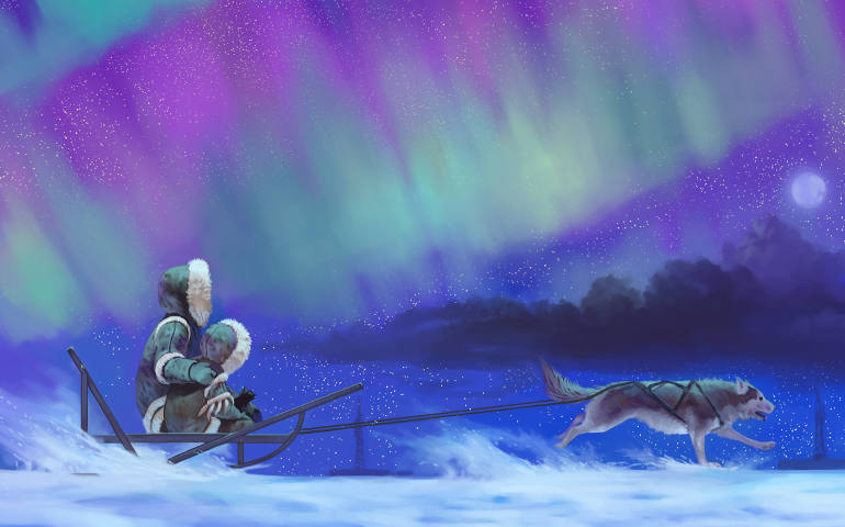 A scene from "Christmas Nevermore" shows Inuit children Polik and Nika sledding amid the Northern Lights. (Illustration by Christina Zakhozhay)