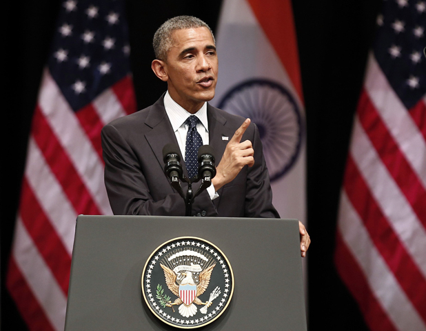 U.S. President Barack Obama addresses a gathering Jan. 27 in New Delhi. (CNS/Reuters/Ahmad Masood)