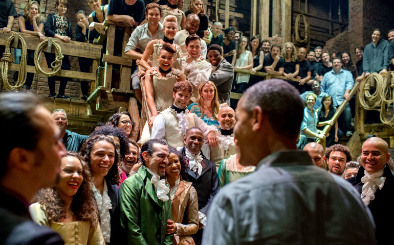 President Barack Obama greets the cast and crew of "Hamilton" after seeing the play with his daughters at the Richard Rodgers Theatre in New York City in July 2015. (Wikimedia Commons/Official White House Photo/Pete Souza)