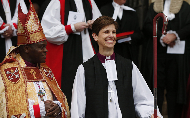 Libby Lane, the first female bishop in the Church of England, steps outside following her consecration service at York Minster in York, northern England, on Monday. (RNS/Reuters/Phil Noble)