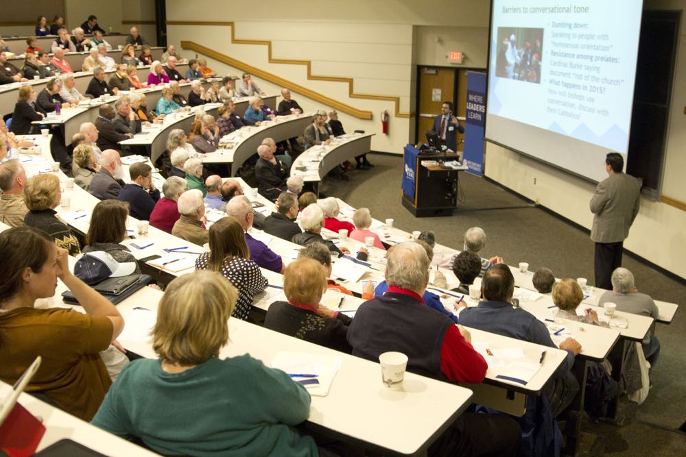 Joshua J. McElwee and Dennis Coday offer perspectives on Pope Francis' papacy Saturday at Rockhurst University in Kansas City, Mo. (Rockhurst University)