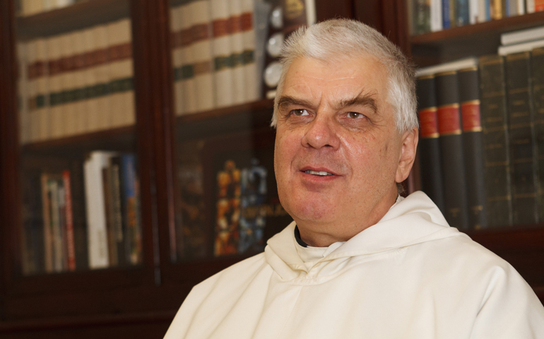 Fr. Wojciech Giertych, Pope Benedict XVI's personal theologian, is pictured in December at his residence in the Apostolic Palace at the Vatican. Father Giertych said though women cannot be ordained priests, they do not play a secondary role in the church. (CNS/Paul Haring)
