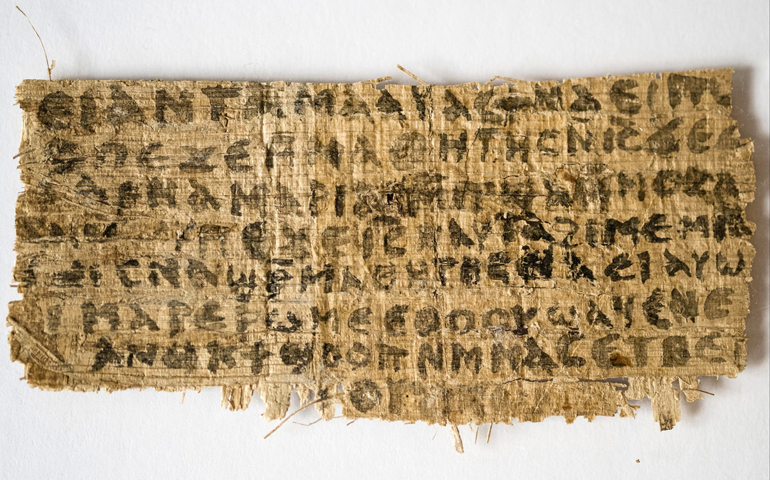 A scrap of ancient papyrus written in ancient Coptic that some say is evidence that Jesus may have been married. (CNS/Harvard University/Karen L. King) 