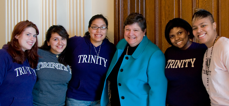 Trinity Washington University President Patricia McGuire with students. (Trinity Washington University)