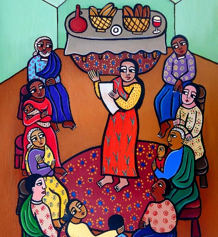 First-century female deacon Phoebe (Romans 16:1-2) preaches in an early Christian house church, in artwork by Laura James. (Courtesy of FutureChurch)