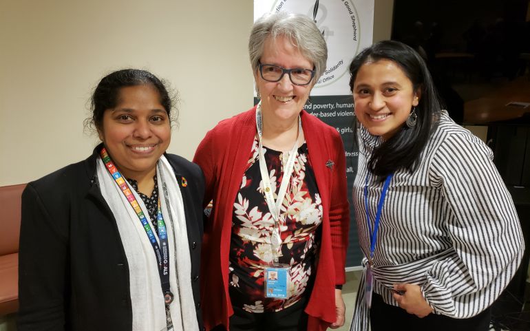 Sr. Cynthia Mathew, who represents the Congregation of Jesus at the United Nations, joined at a Feb. 19 event at the United Nations by, left to right, Sr. Winifred Doherty, U.N. representative of the Congregation of Our Lady of Charity of the Good Shepherd and Bhumika Muchhala, an independent policy analyst and consultant on development economics, global governance and international political economy issues. (GSR photo/Chris Herlinger)