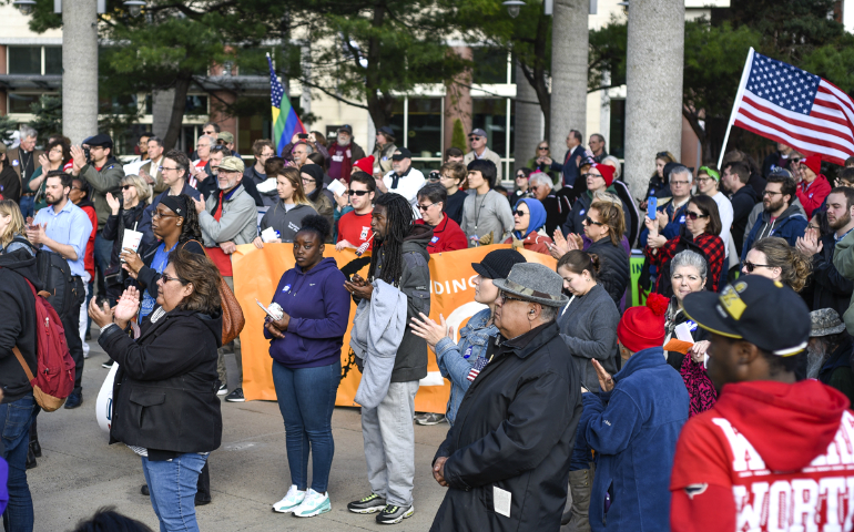 Hundreds of workers, religious leaders and civil rights activists rallied at Stand Up KC's "United We Stand" event in downtown Kansas City, Missouri, on May 1. (NCR photo/George Goss)