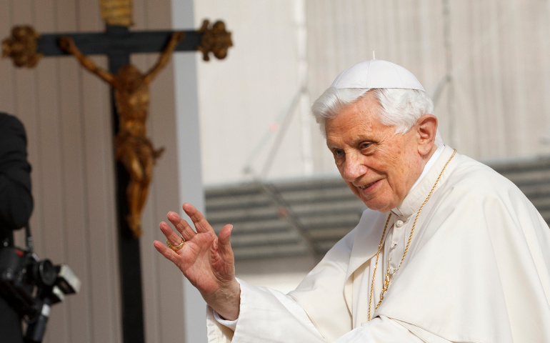 Pope Benedict XVI arrives to lead his general audience Wednesday in St. Peter's Square at the Vatican. (CNS/Paul Haring)