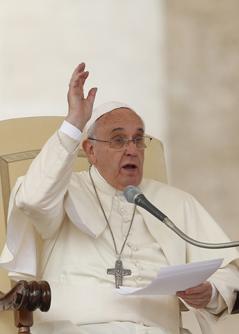 Pope Francis speaks during his general audience Wednesday in St. Peter's Square at the Vatican. (CNS/Paul Haring) 