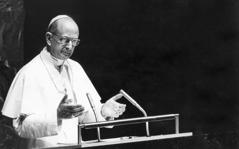 Pope Paul VI  makes a special appeal for world peace in 1965 at the United Nations headquarters in New York. "No more war, war never again," he declared to the General Assembly. (CNS/U.N./Yutaka Nagata)