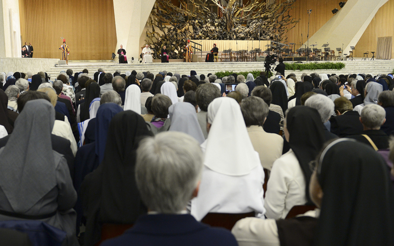 Pope Francis addresses an assembly of the International Union of Superiors General on Wednesday in Paul VI hall at the Vatican. (CNS/L'Osservatore Romano via Catholic Press Photo) 