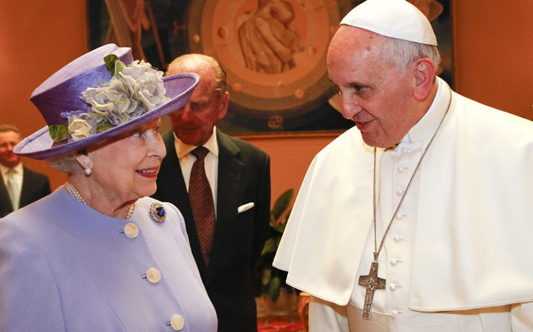 Britain's Queen Elizabeth talks with Pope Francis during a meeting Thursday at the Vatican. (CNS/Reuters/Stefano Rellandini)