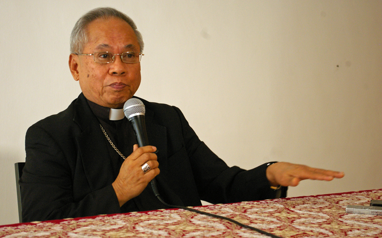 Philippine Cardinal Orlando Quevedo speaks at a news conference Friday at the Pontifical Filipino College in Rome. (NCR photo/Joshua J. McElwee)