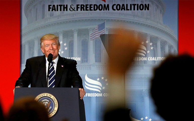 President Trump addresses the Faith and Freedom Coalition’s "Road to Majority" conference in Washington, D.C., on June 8. (Religion News Service, courtesy of Reuters/Kevin Lamarque)