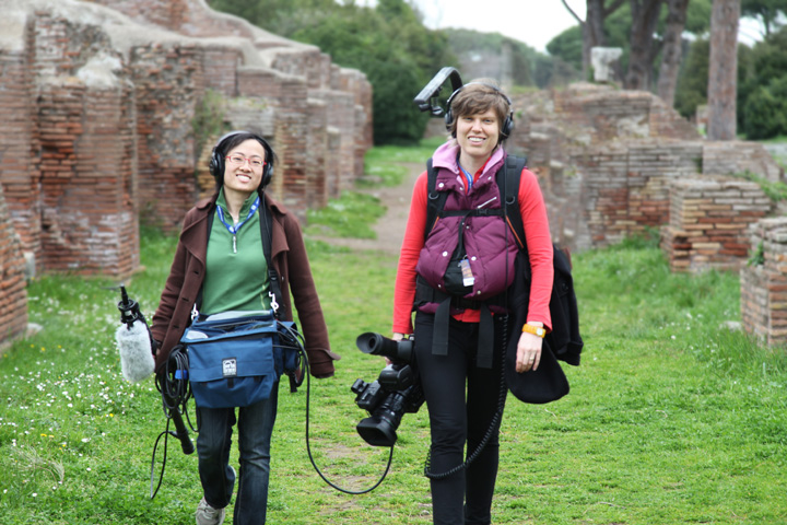 Director Rebecca Parrish (right) and audio person Shuling Yong (Left) in Ostia, a historic site near Rome that has evidence of women leaders in the early Church. The crew filmed Sr. Chris Schenk’s as she lead a pilgrimage to these sites and also captured the announcement of Pope Francis as the new pope. (www.radicalgracefilm.com)