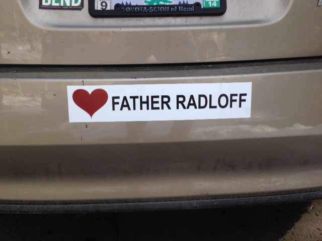 A bumper sticker supporting Fr. James Radloff in the Bend, Ore., diocese