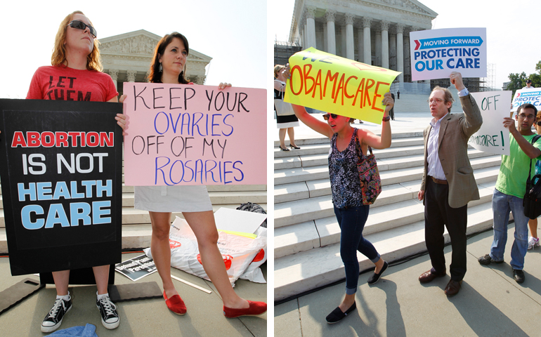 People on both sides of the debate on the Obama administration's health care reform law demonstrate June 28, 2012, in front of the U.S. Supreme Court building in Washington. (Photos by CNS/Bob Roller) 