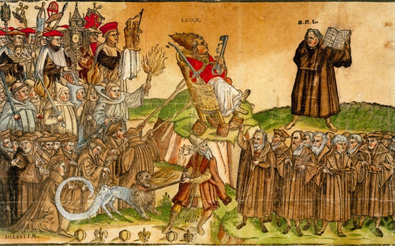 A woodcut from 1568 shows Martin Luther and other Protestants under attack by forces of Pope Leo X. (Newscom/akg-images)