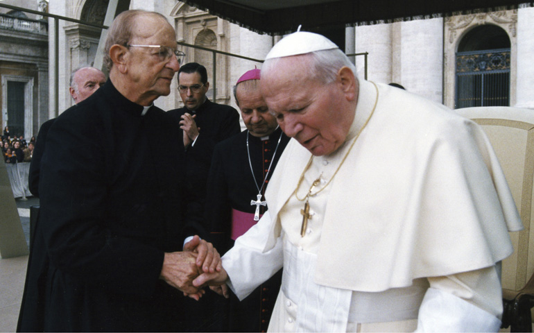 Fr. Marcial Maciel Degollado, founder of the Legionaries of Christ, greets Pope John Paul II in St. Peter's Square in 2000. (CNS/Catholic Press Photo)