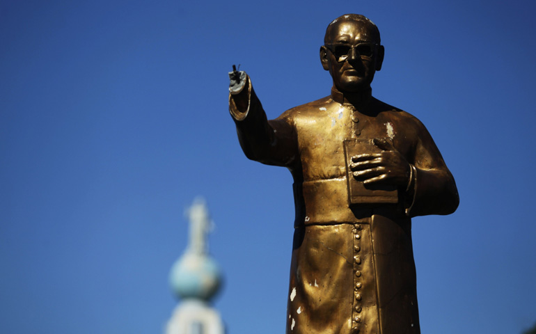 The vandalized statue of Salvadoran Archbishop Oscar Romero in San Salvador, El Salvador (CNS/Reuters/Jose Cabezasi)