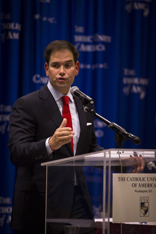 U.S. Sen. Marco Rubio, R-Fla., delivers a policy address July 23 at The Catholic University of America in Washington. (CNS/Tyler Orsburn)