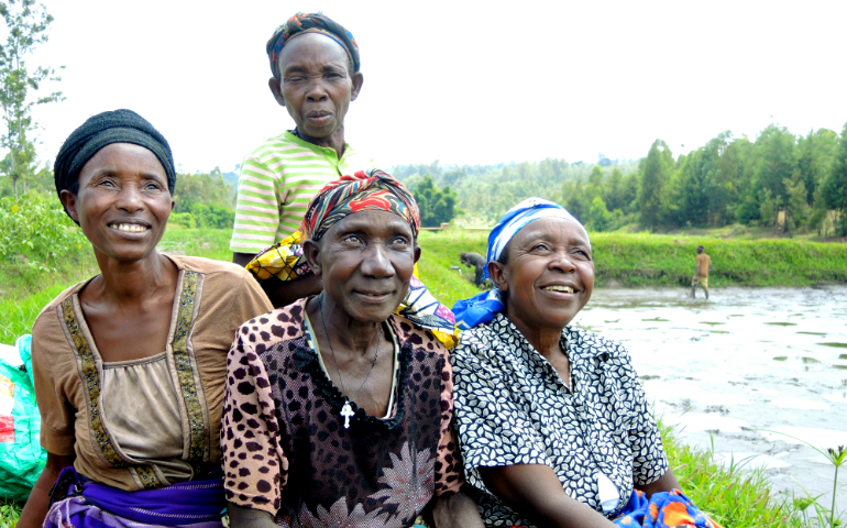 Hutu and Tutsi women involved in a fishing project cooperative called Dususuruke ("Warm Solidarity"), which concentrates on both psychological reconciliation and economic empowerment, in the village of Gisagara (GSR photo/Melanie Lidman)