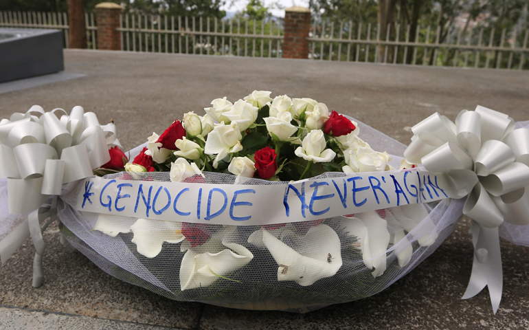 A bouquet of flowers at the Kigali Genocide Memorial grounds April 3 in Rwanda (CNS/Reuters/Noor Khami)