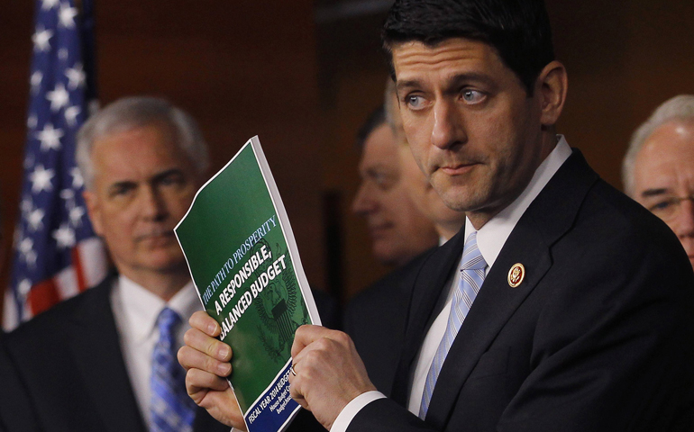 House Budget Committee Chairman Rep. Paul Ryan (R-Wis.), unveils the Republicans' 2014 fiscal year budget resolution in Washington March 12. (CNS/Reuters/Gary Cameron)
