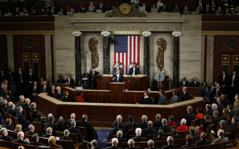 U.S. President Barack Obama delivers his State of the Union address Tuesday in front of the U.S. Congress on Capitol Hill in Washington. (CNS/Reuters/Kevin Lamarque)