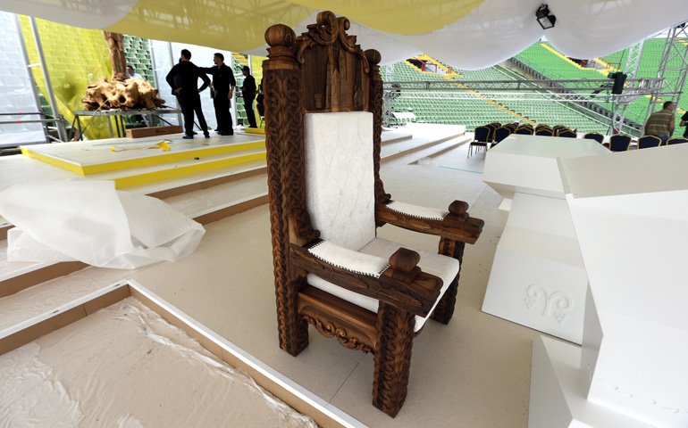 The papal chair on the stage where Pope Francis will celebrate Mass at Kosevo stadium in Sarajevo, Bosnia-Herzegovina (CNS/EPA/Fehim Demir)