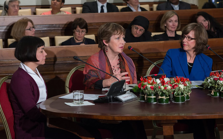 From left: Gudrun Sailer, Tina Beattie and Deborah Rose-Milavec speak at the Voices of Faith event March 8 at the Vatican. (VoF/Alessandra Zucconi)