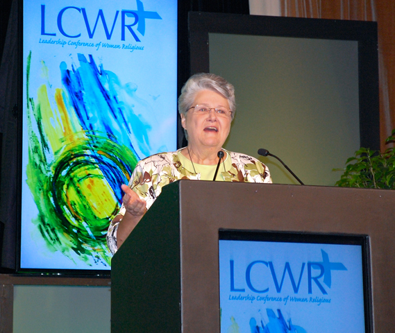 Franciscan Sr. Nancy Schreck, a past president of the Leadership Conference of Women Religious, speaks Thursday to members gathered in Nashville, Tenn., for the group's annual assembly. (Dan Stockman)