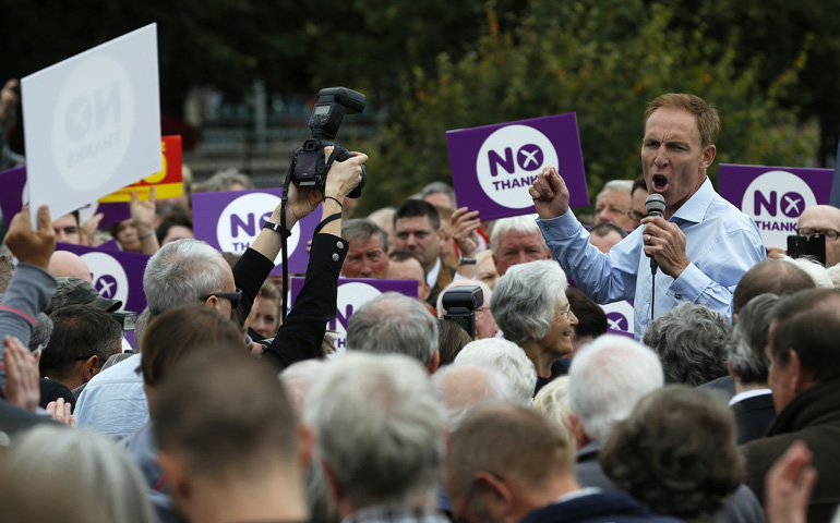Jim Murphy, a Labour Party member of the British Parliament, addresses a crowd in Edinburgh, Scotland, Sept. 2 as part of his campaign to keep Scotland as part of the United Kingdom. (CNS/Reuters/Russell Cheyne)