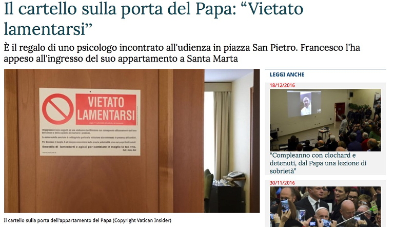 A screenshot of the Vatican Insider article showing the new sign on Pope Francis' door.