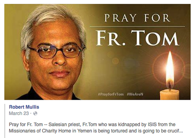 Facebook post asking for prayer for Father Tom Uzhunnalil