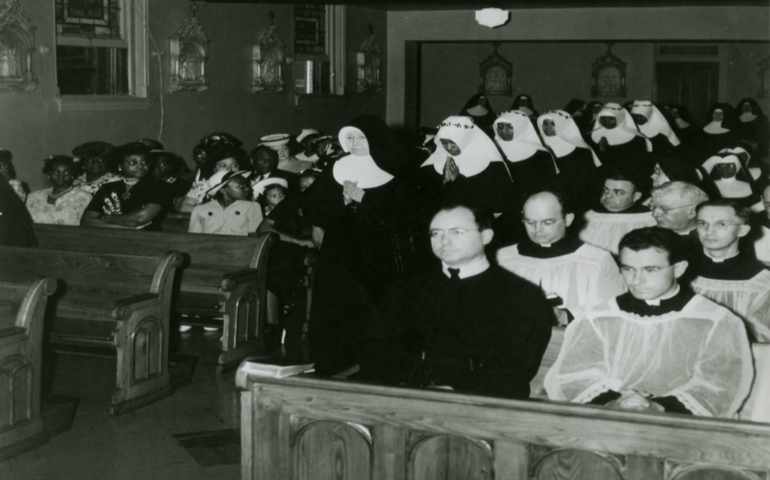 The segregated investiture ceremony of the first five black Sisters of St. Mary (now the Franciscan Sisters of Mary) in St. Louis in 1947, in which Sr. Mary Antona Ebo, who recently died, participated  (Provided by Shannen Dee Williams from the archives of Catholic University of America)